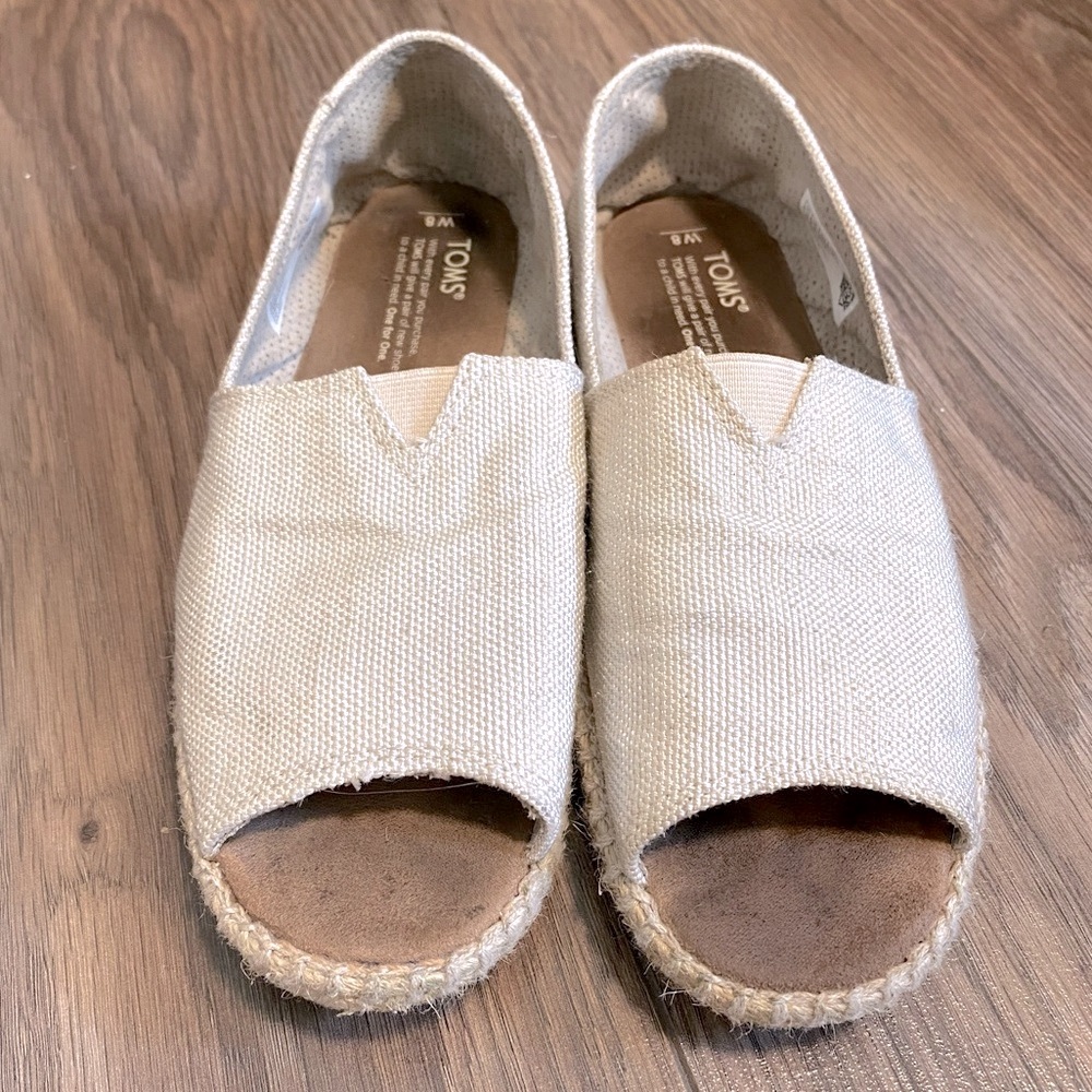 Toms Alpagrata Open Toe Espadrilles Flat Canvas White Sz 8 Twine Sole